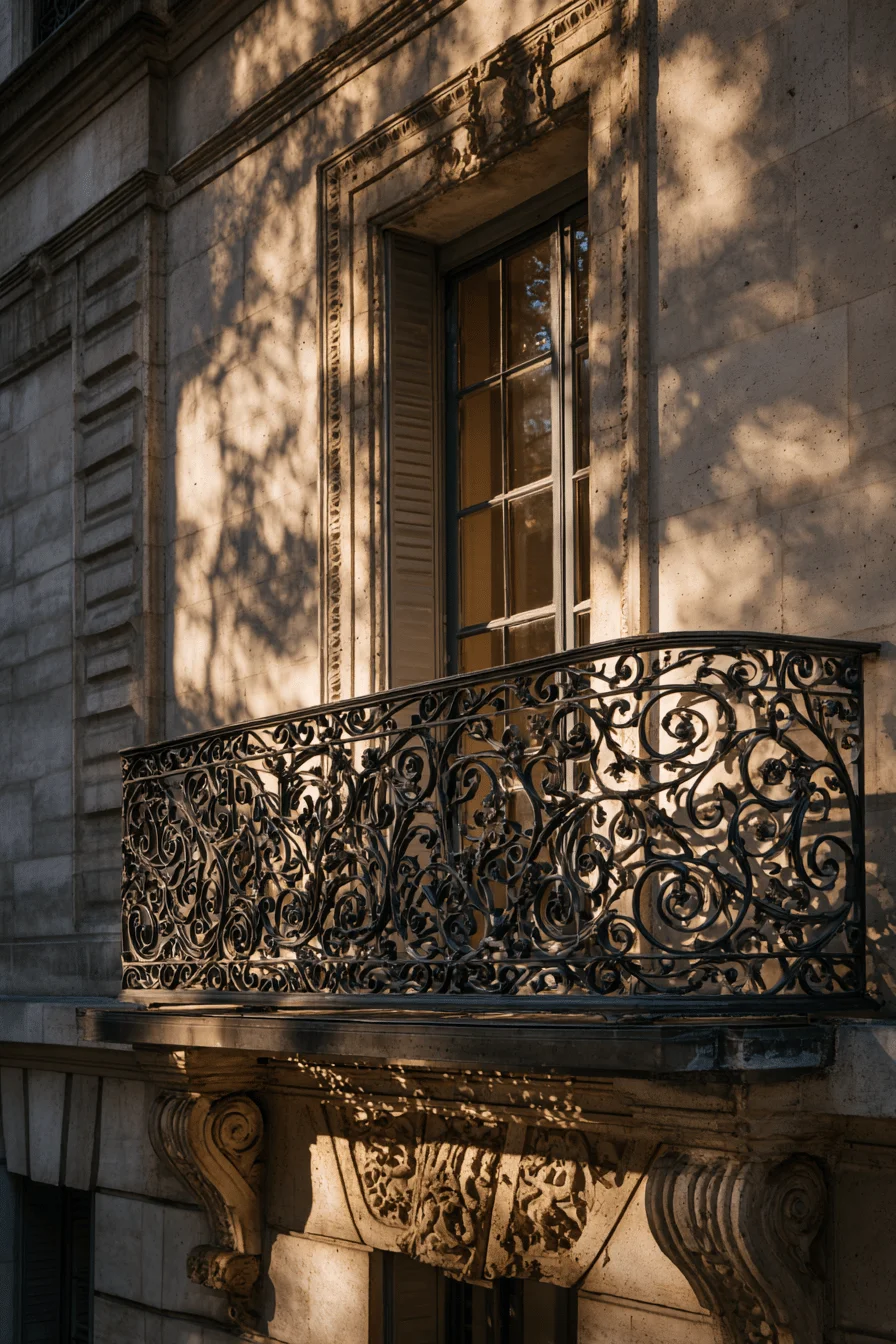 parisian exterior home ideas featuring weathered limestone wall with carved stone detail and charcoal iron balcony