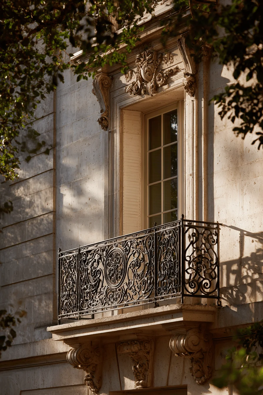 parisian exterior home inspiration with original limestone architecture and dramatic golden hour shadow lighting