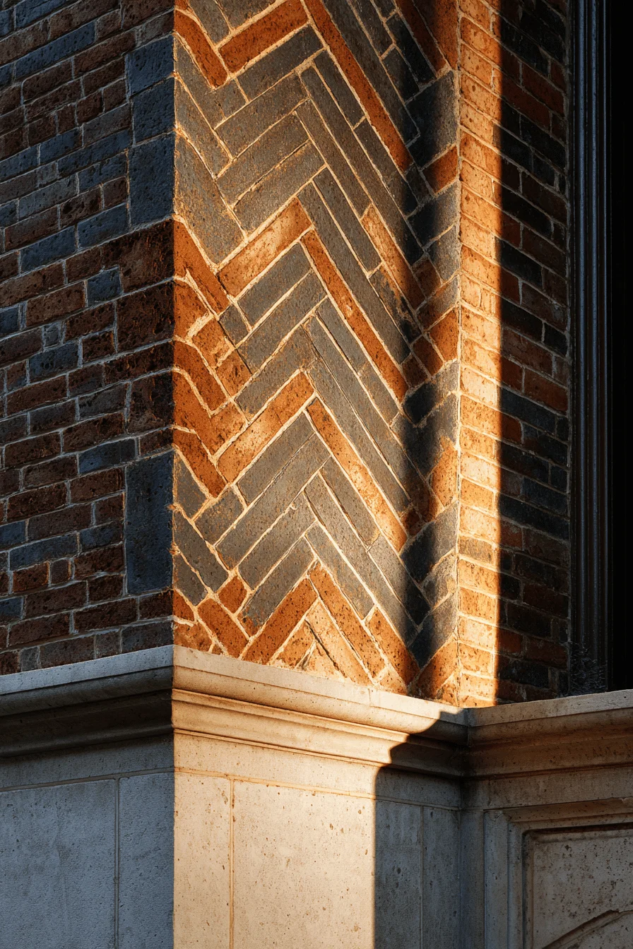 parisian exterior ideas featuring historic herringbone brick wall with charcoal mortar and golden sunlight