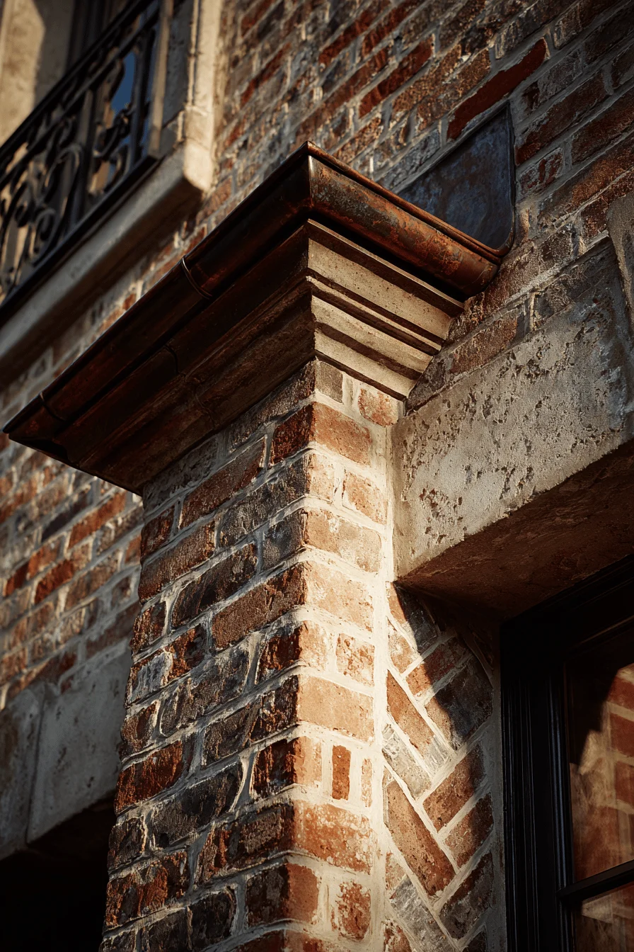 parisian exterior inspiration displaying weathered copper gutters and aged patina finishes on brick