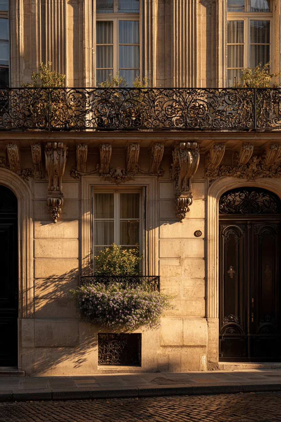 parisian home exterior inspiration with elegant ironwork casting shadows on haussmann style facade