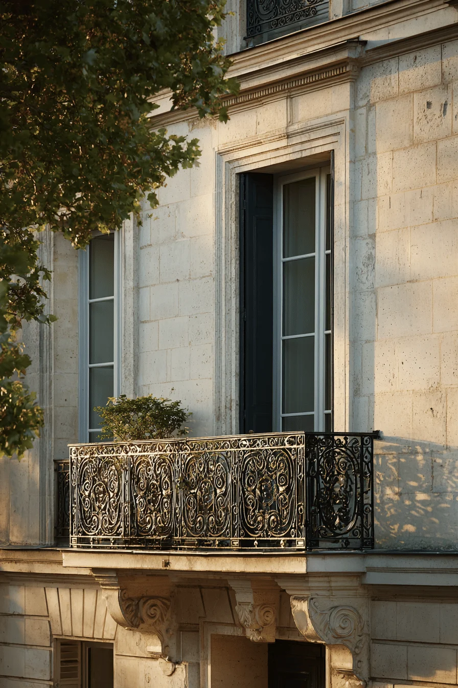 parisian house exterior ideas featuring weathered copper balcony railings and white limestone facade with charcoal shutters