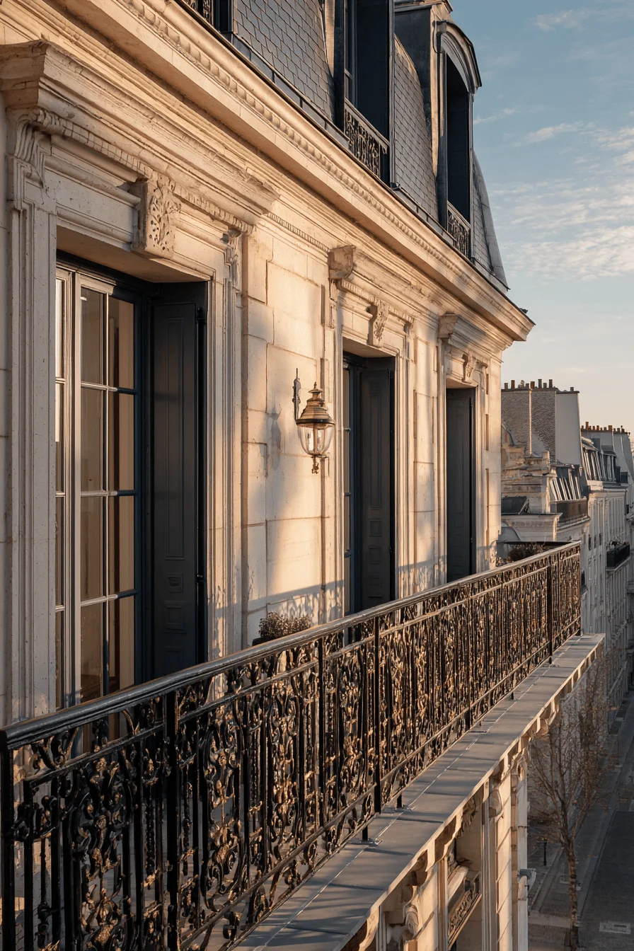 parisian house exterior inspiration with dramatic golden hour lighting on authentic french architectural details and patina finishes