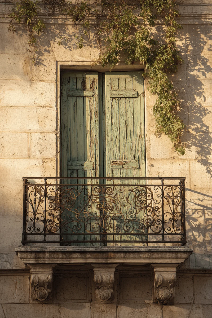 parisian style home exterior aesthetics featuring carved stone windowsills and dramatic golden hour lighting