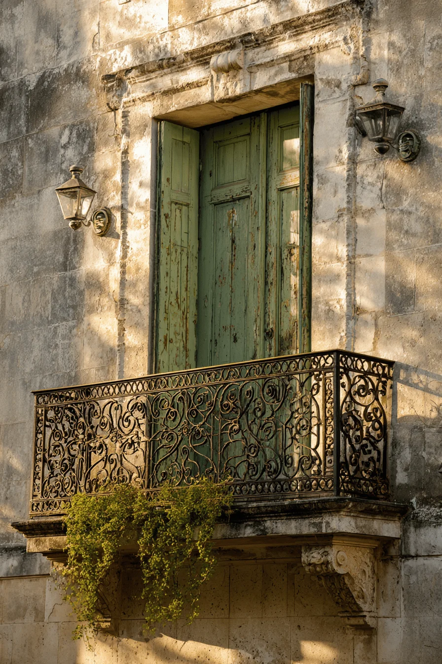 parisian style home exterior ideas featuring weathered sage shutters and wrought iron balcony details