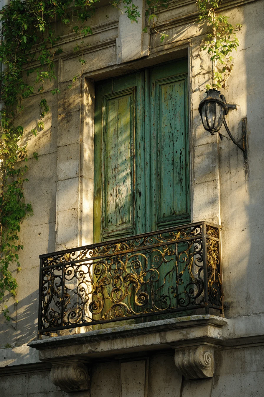 parisian style home exterior inspiration showing vintage shutters with peeling paint and ivy details