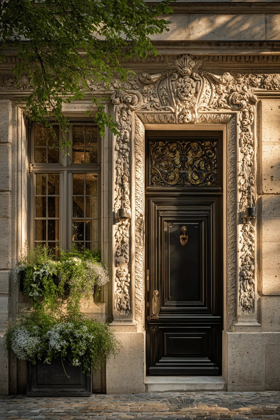 parisian townhouse exterior aesthetics displaying vintage glass panels and elegant architectural details in golden hour light