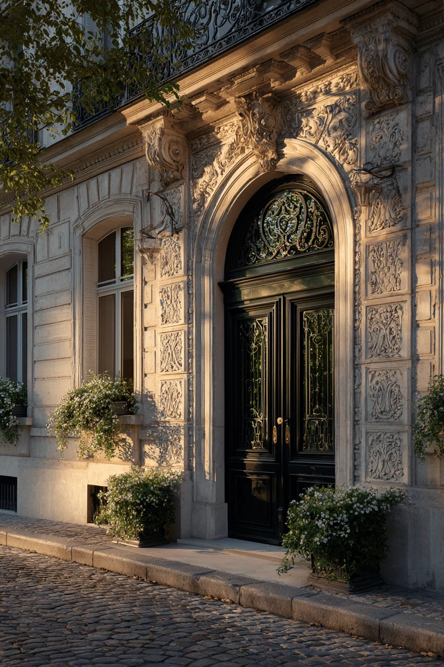 parisian townhouse exterior designs showing black wrought iron details against cream stone with window box