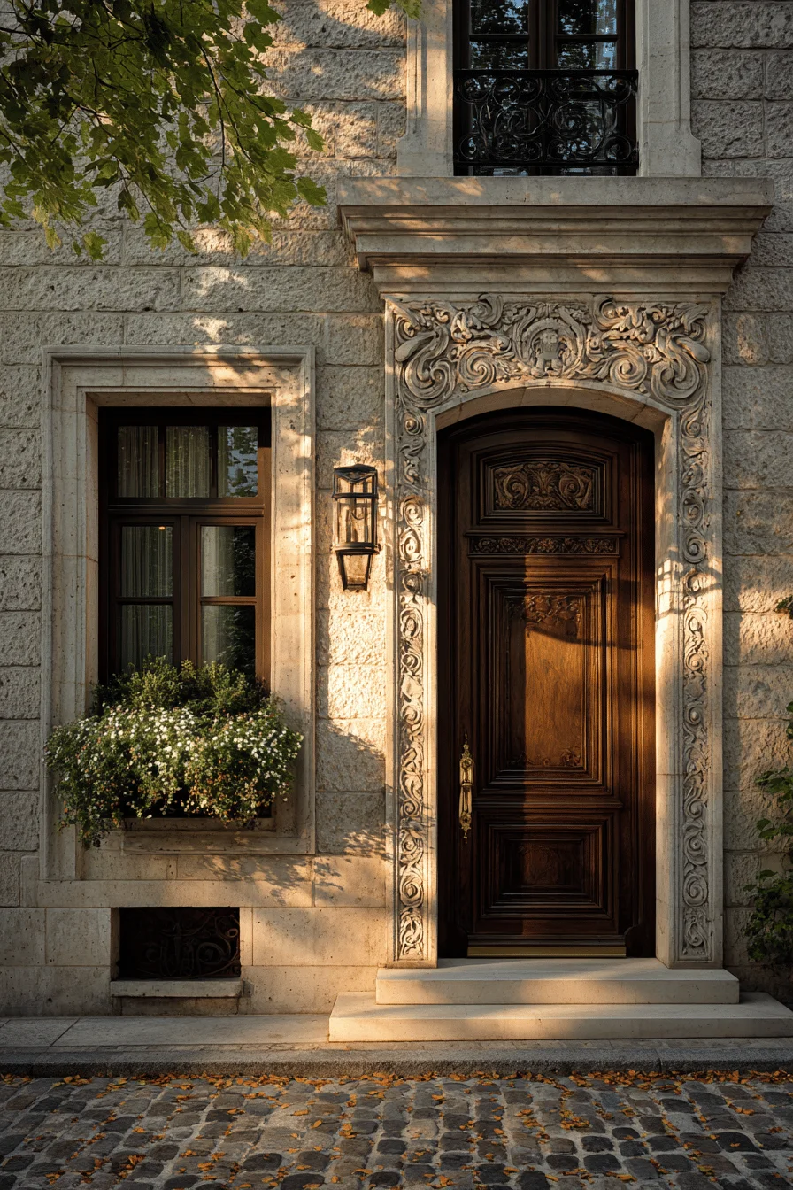 parisian townhouse exterior ideas featuring ornate carved door molding with brass hardware and limestone facade