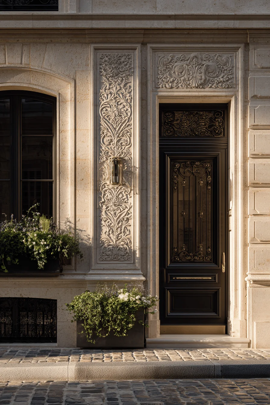 parisian townhouse exterior inspiration with weathered cobblestone base and dramatic shadow patterns on textured stone
