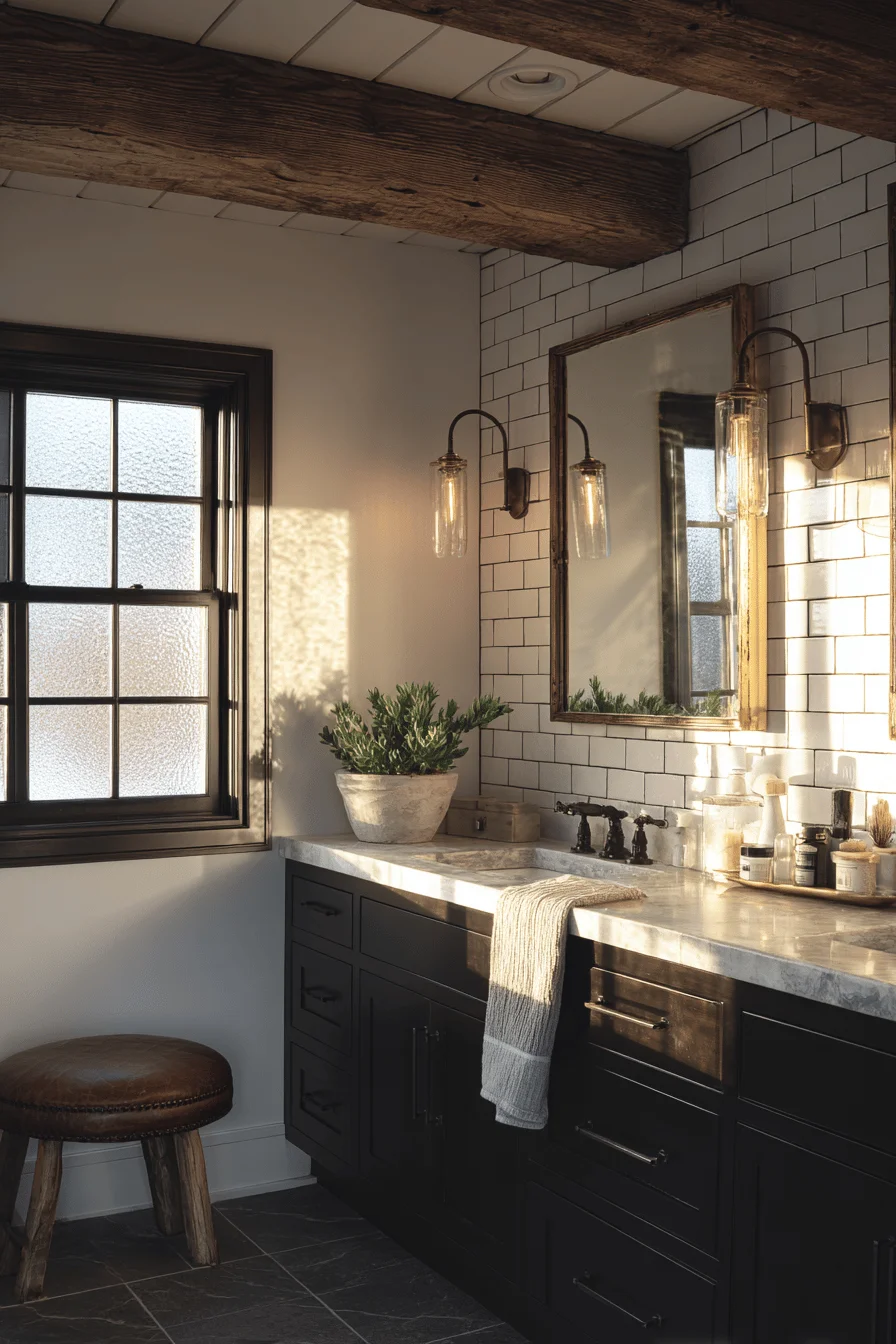ranch bathroom aesthetics displaying rustic wooden ceiling beam modern fixtures dramatic lighting shadows