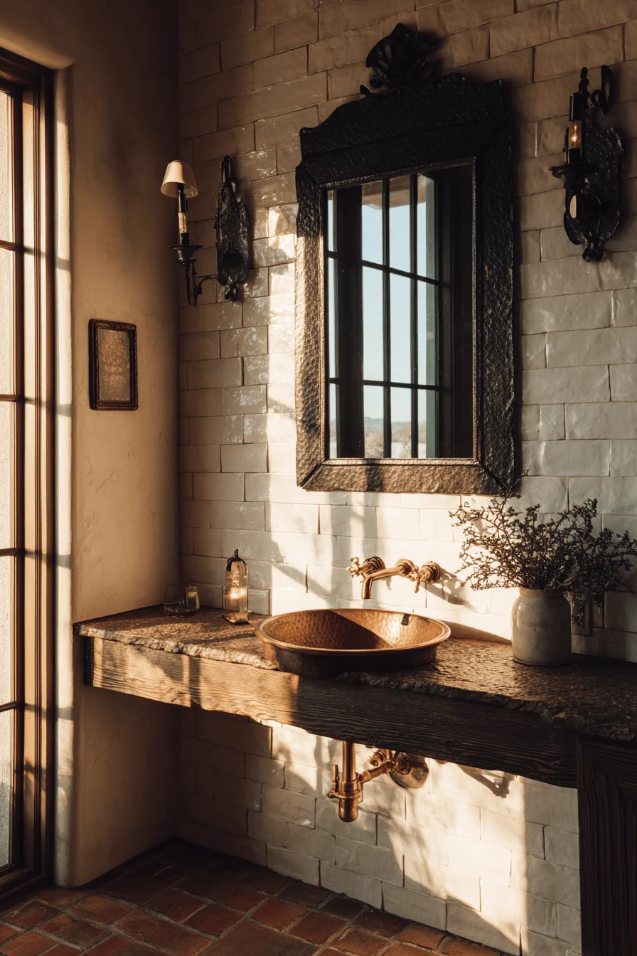 ranch bathroom ideas featuring wrought iron vanity light fixture over reclaimed wood vanity base