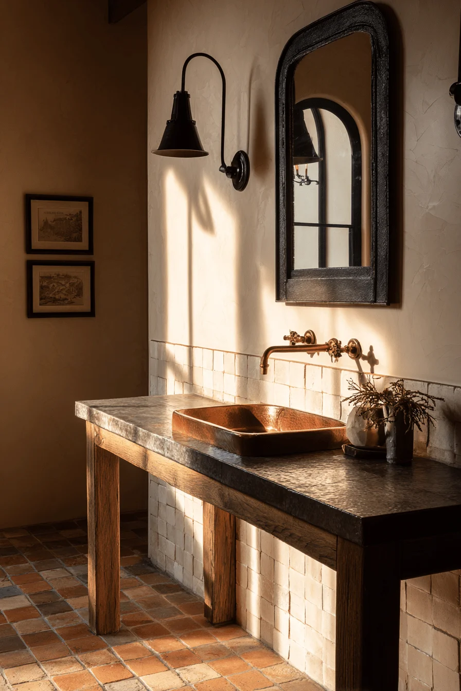 ranch bathroom inspiration displaying hand forged iron mirror frame with leather wrapped detailing