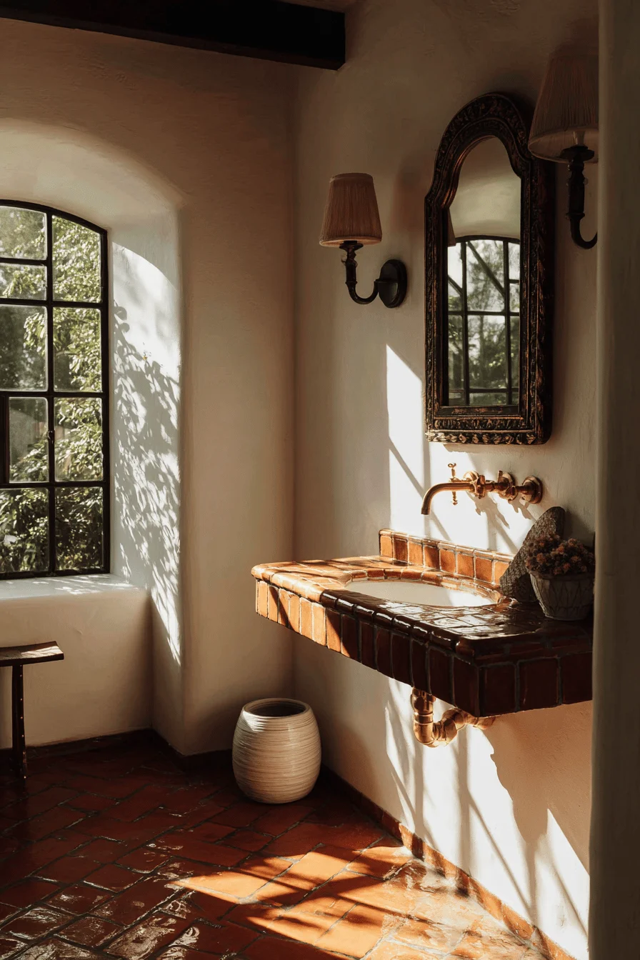 ranch bathroom remodel aesthetics with dramatic lighting contrasts and vintage patina mirror details