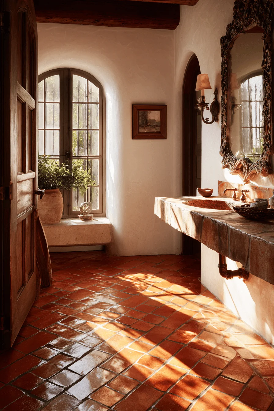 ranch bathroom remodel designs with spanish style ceramic sink and wrought iron mirror frame