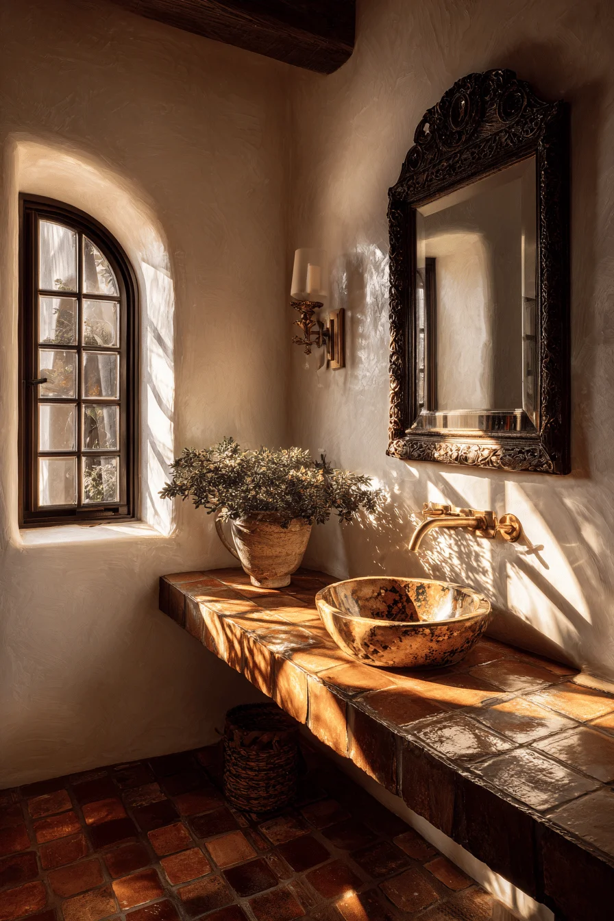 ranch bathroom remodel inspiration showing burnt orange terracotta flooring and artisanal glazed fixtures
