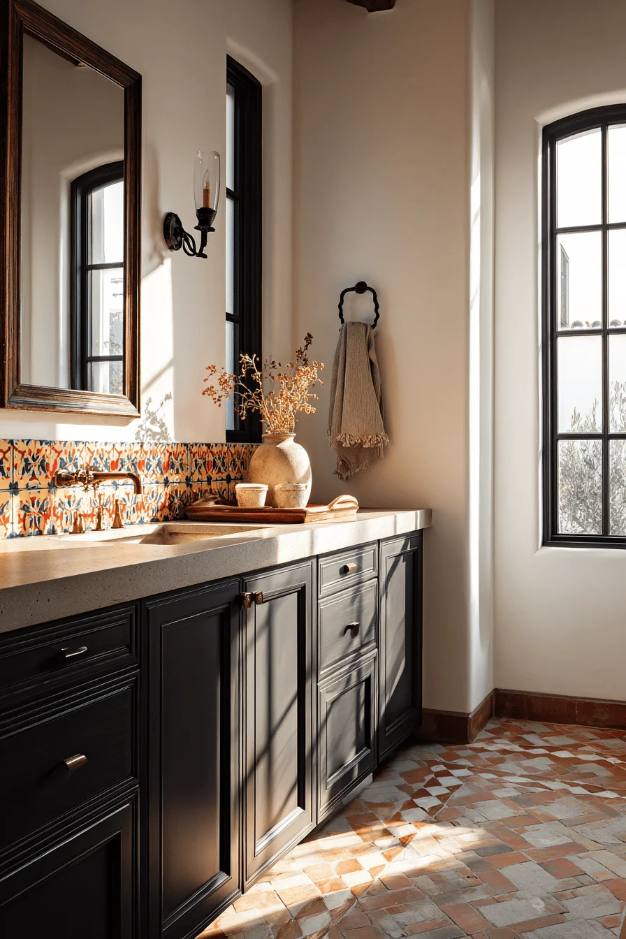 ranch house bathroom ideas featuring vibrant mexican tile backsplash with deep charcoal vanity and natural stone countertop