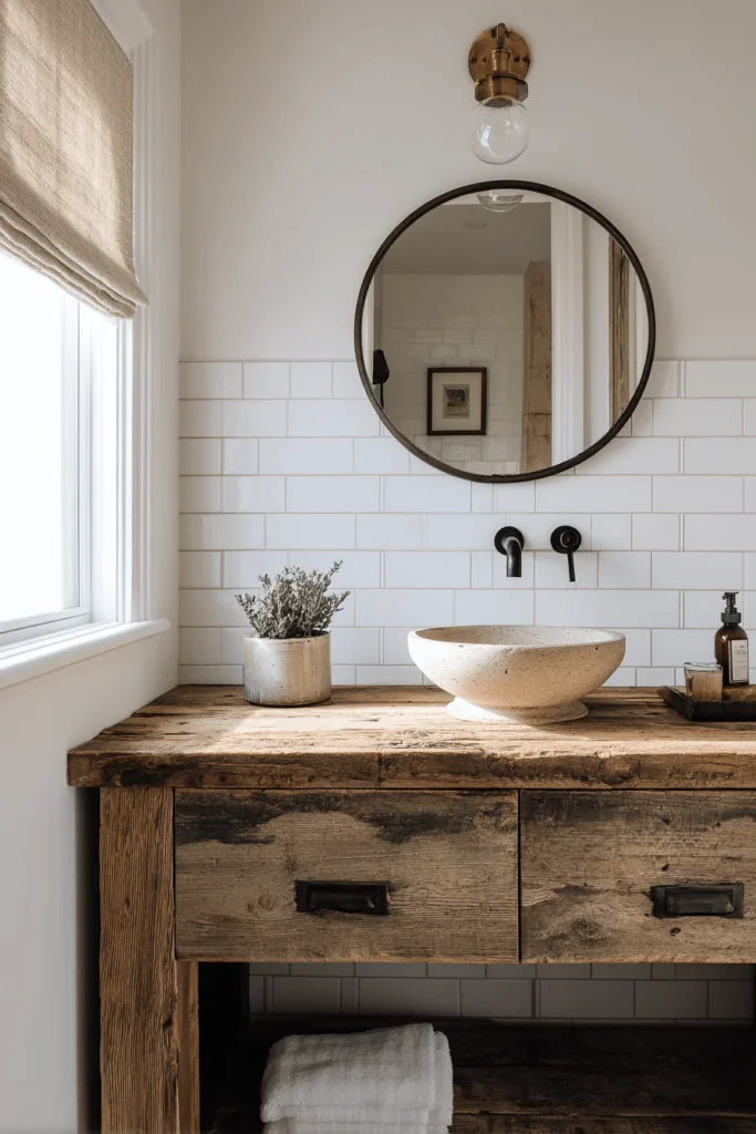 ranch style bathroom aesthetics with terra cotta floor tile brushed brass hardware and vintage leather accents