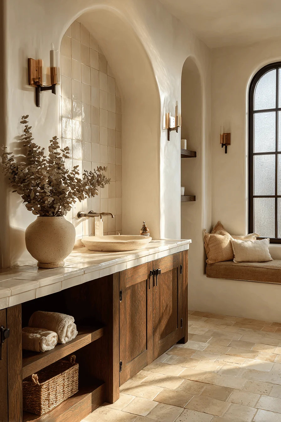 ranch style bathroom ideas with built in storage niche and white subway tile against dark wood vanity