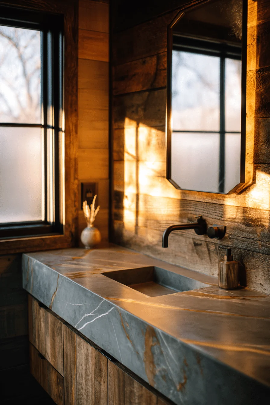 rustic barndominium bathroom design with weathered wood vanity copper faucet and geometric mirror reflecting sunlight
