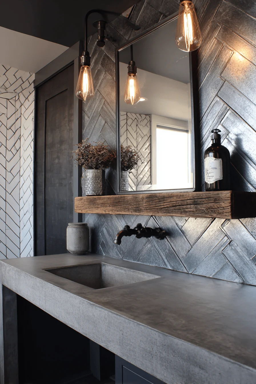 rustic barndominium bathroom inspiration displaying matte black fixtures against metallic accent wall with dramatic lighting
