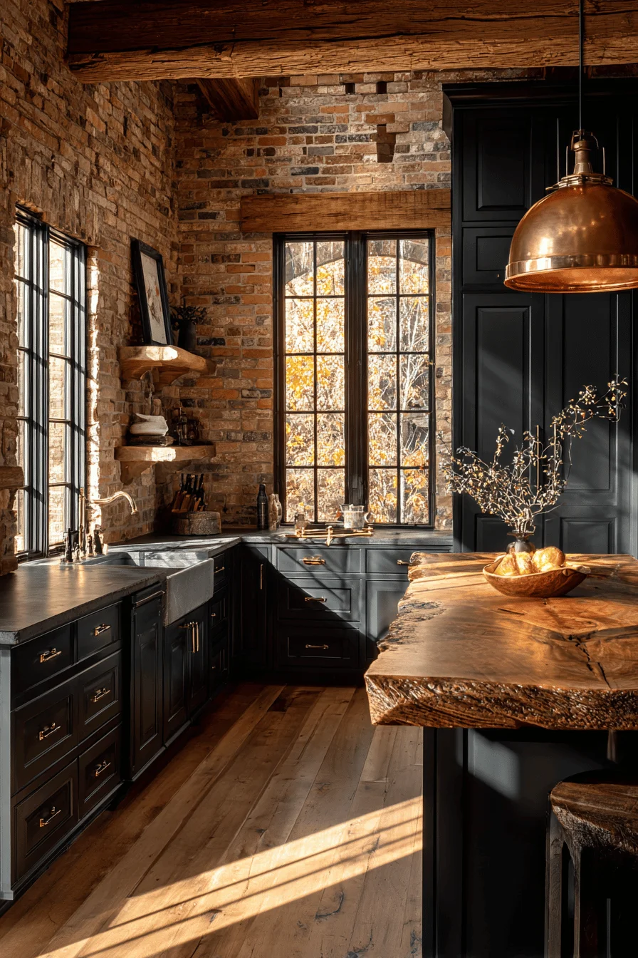 rustic mountain kitchen ideas featuring exposed brick wall with charcoal cabinets and reclaimed wood island
