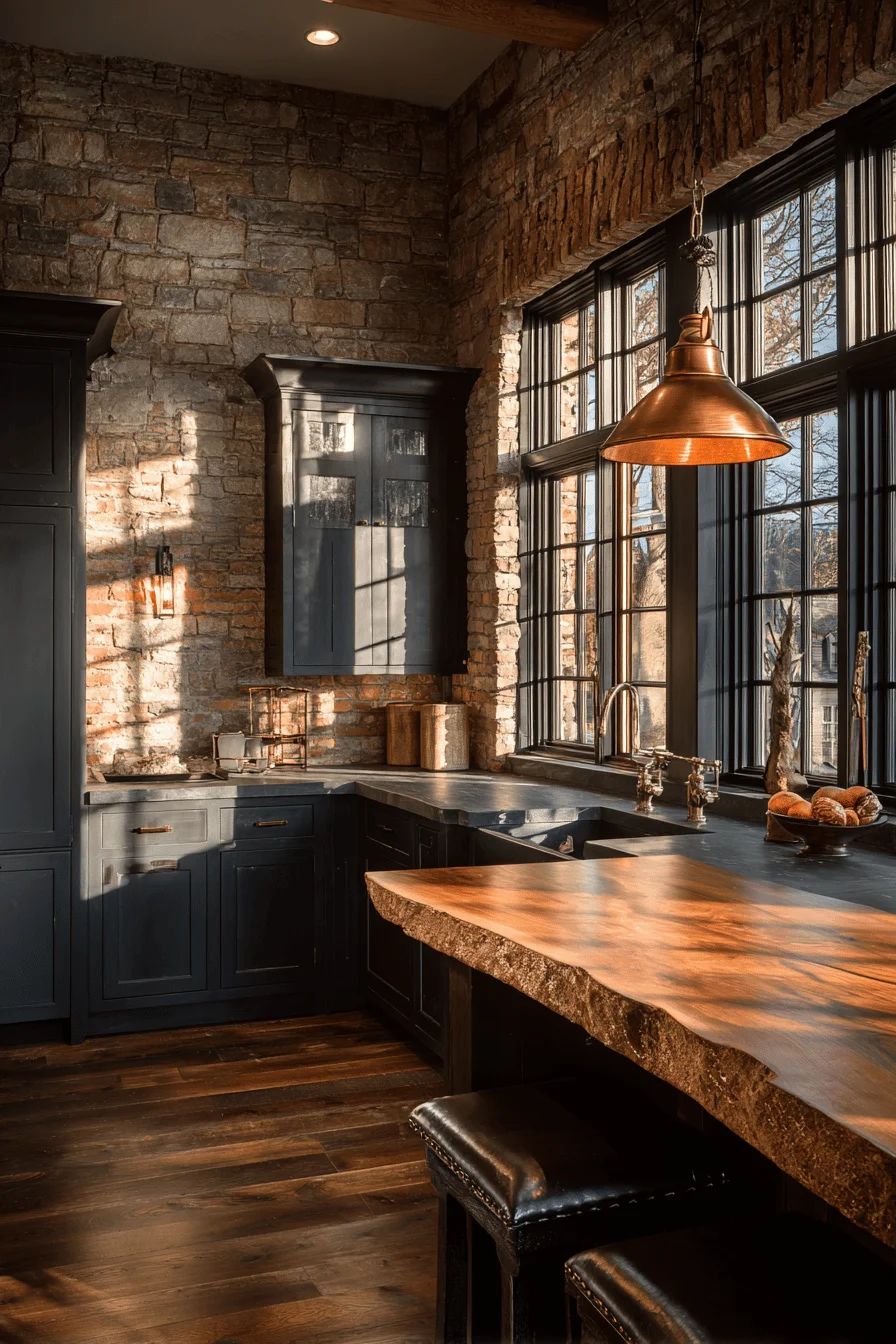 rustic mountain kitchen inspiration with barnwood island brick accent wall and warm cabin atmosphere