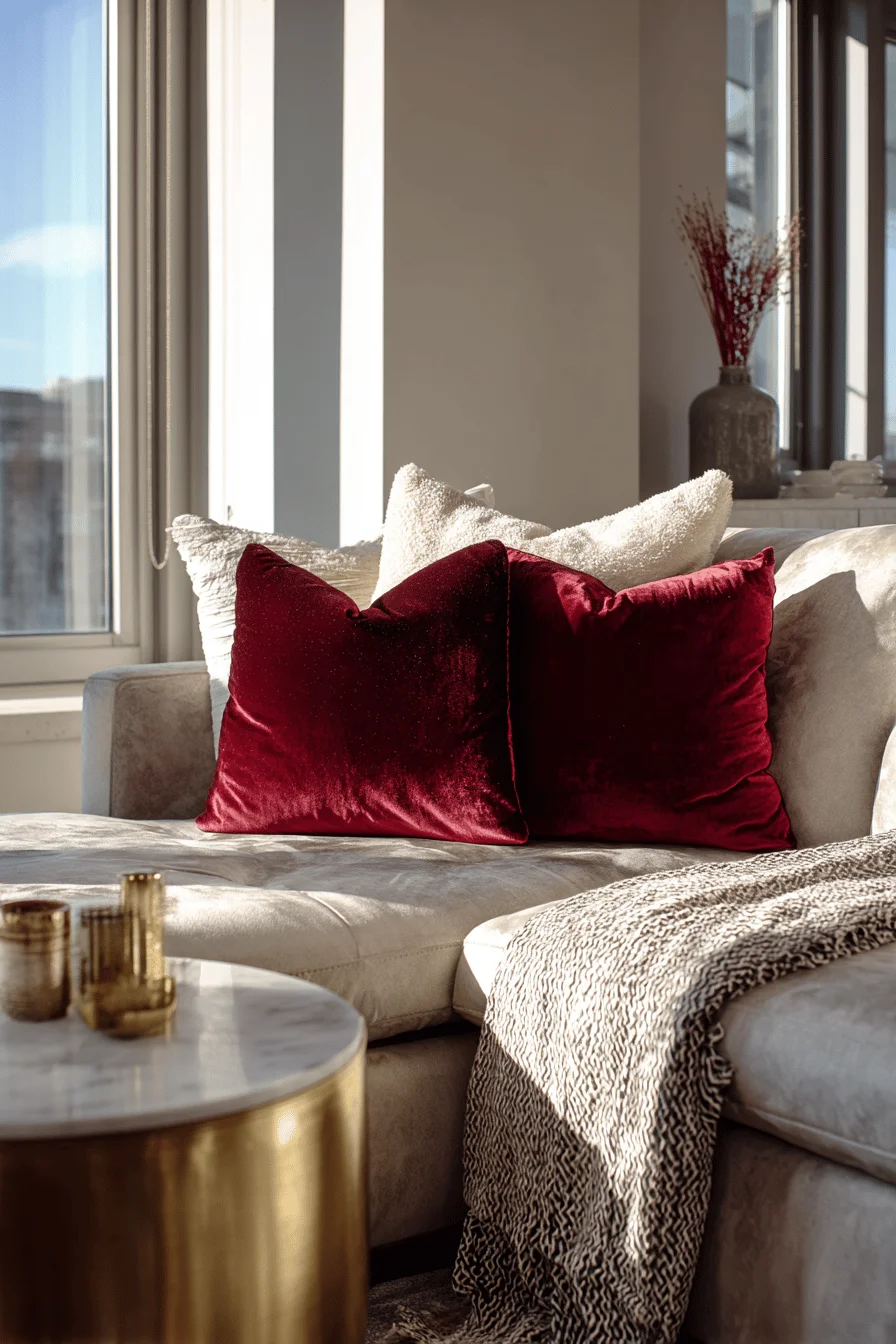small apartment fall decor designs showing textured wool blanket draped over modern sofa with brass table