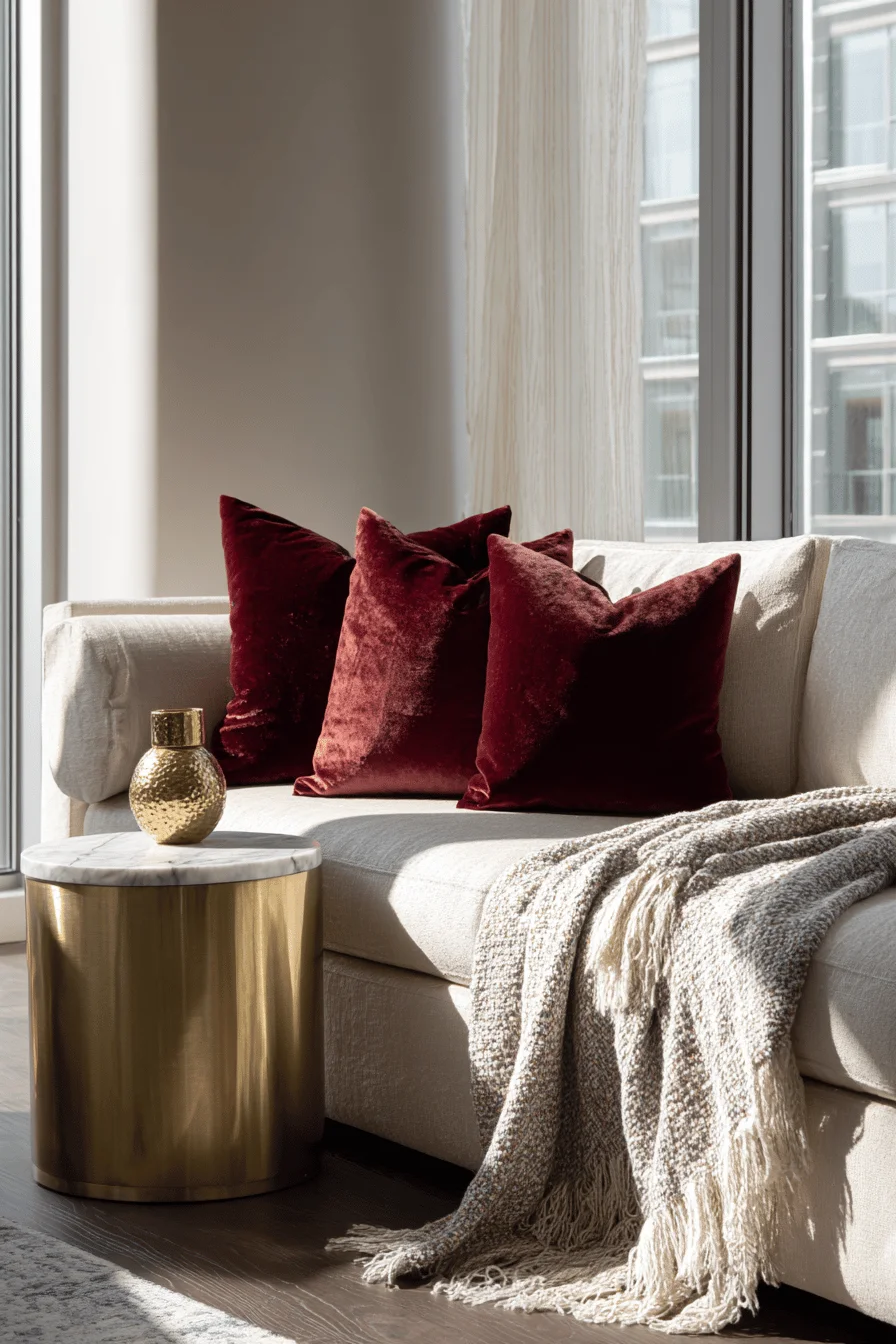 small apartment fall decor ideas featuring burgundy velvet pillow on cream sectional with golden sunlight