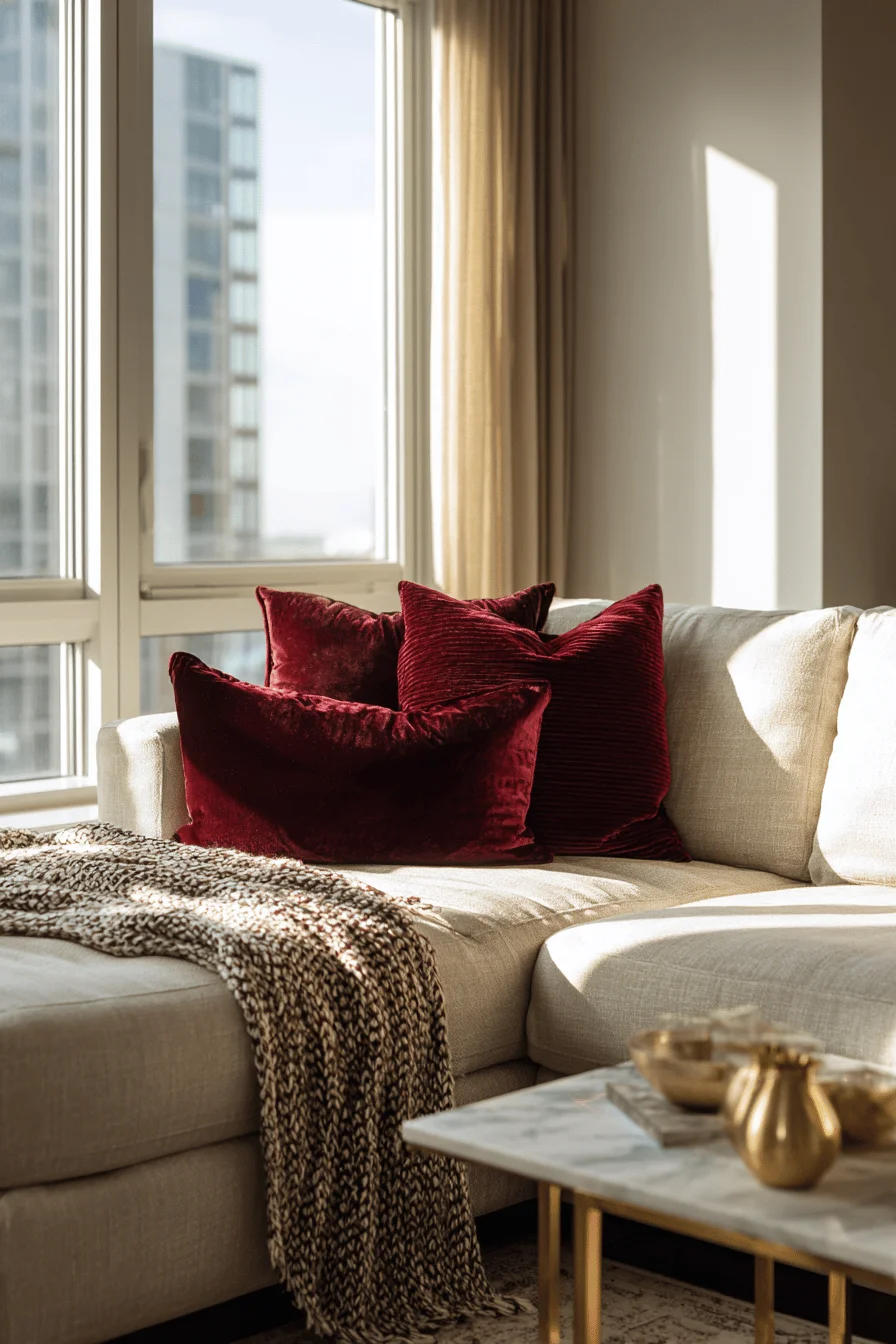 small apartment fall decor inspiration with marble top accent table and dramatic window lighting effects