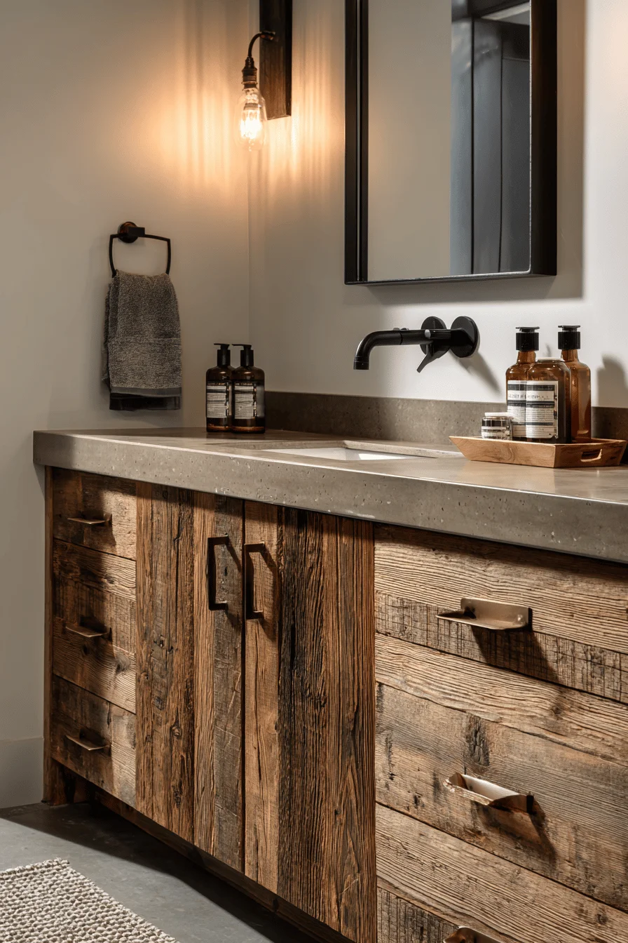 small barndominium bathroom designs showcasing weathered wood textures with modern luxury bathroom elements and brass hardware