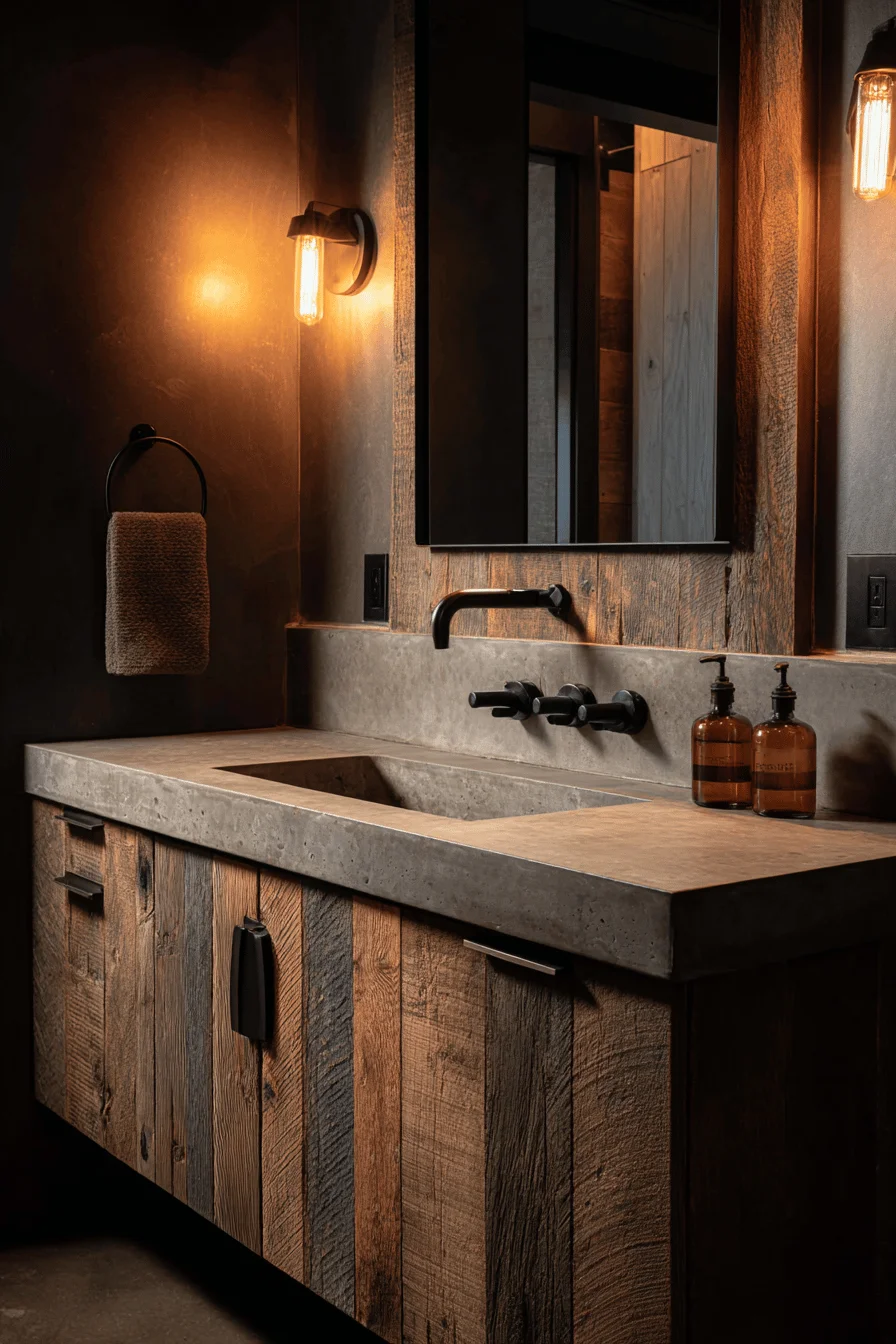 small barndominium bathroom ideas featuring reclaimed wood vanity with matte black fixtures and concrete countertop