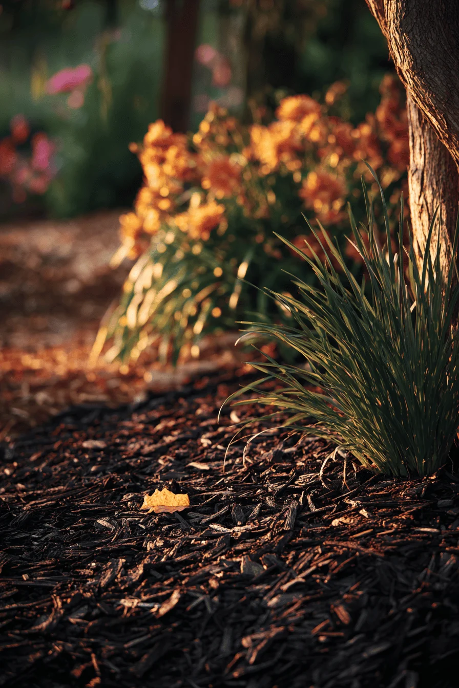 small garden aesthetics with organic bark mulch seasonal blooms and autumn lighting effects
