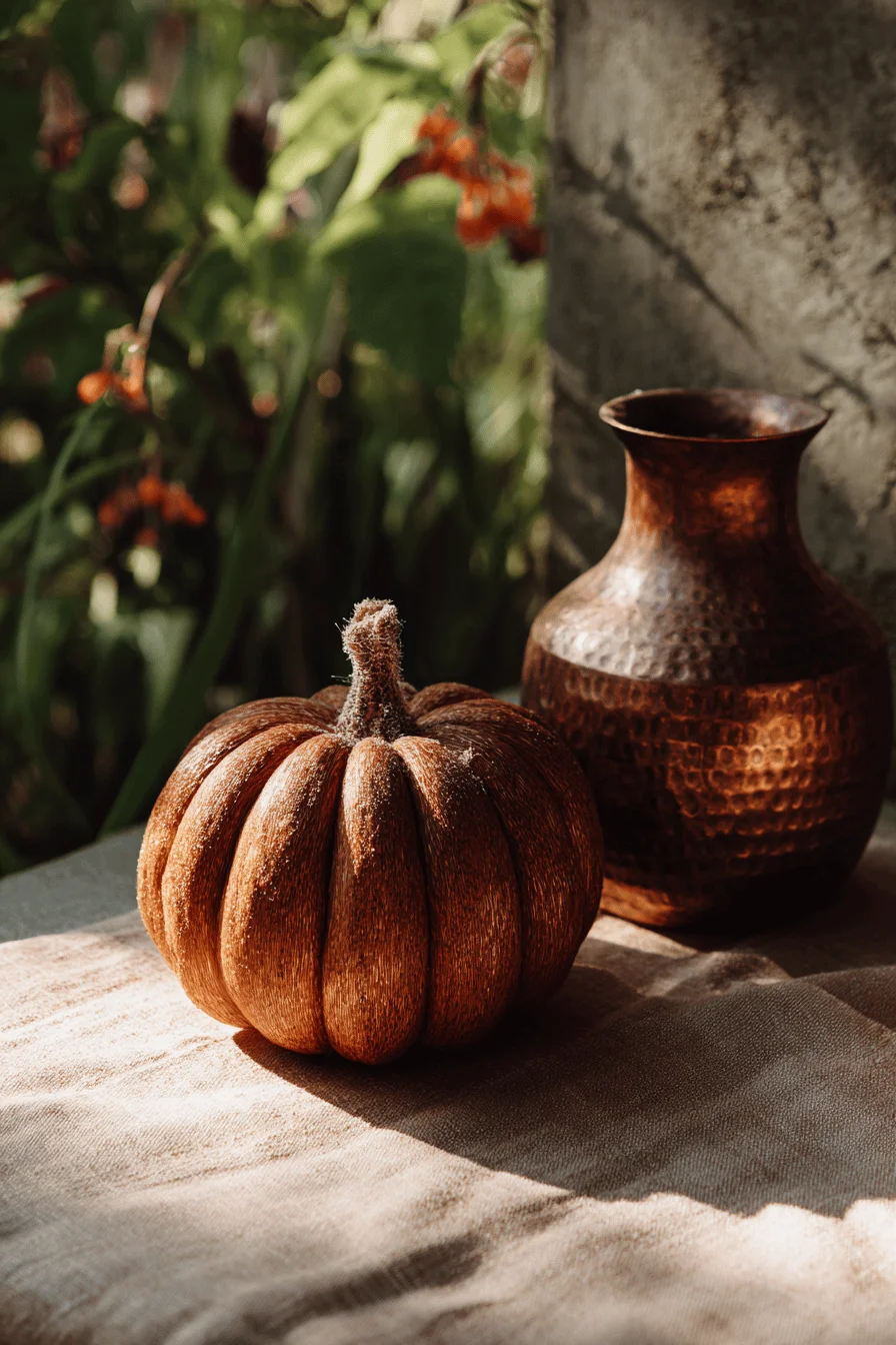 small garden designs showcasing autumn pumpkins in aged copper vessel with raw linen fabric and frost accents