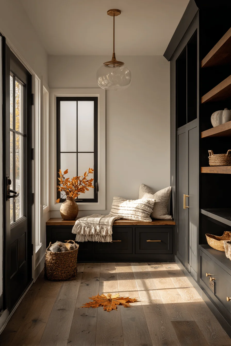 small mudroom aesthetics displaying cozy wool throw on storage bench with scattered autumn leaves