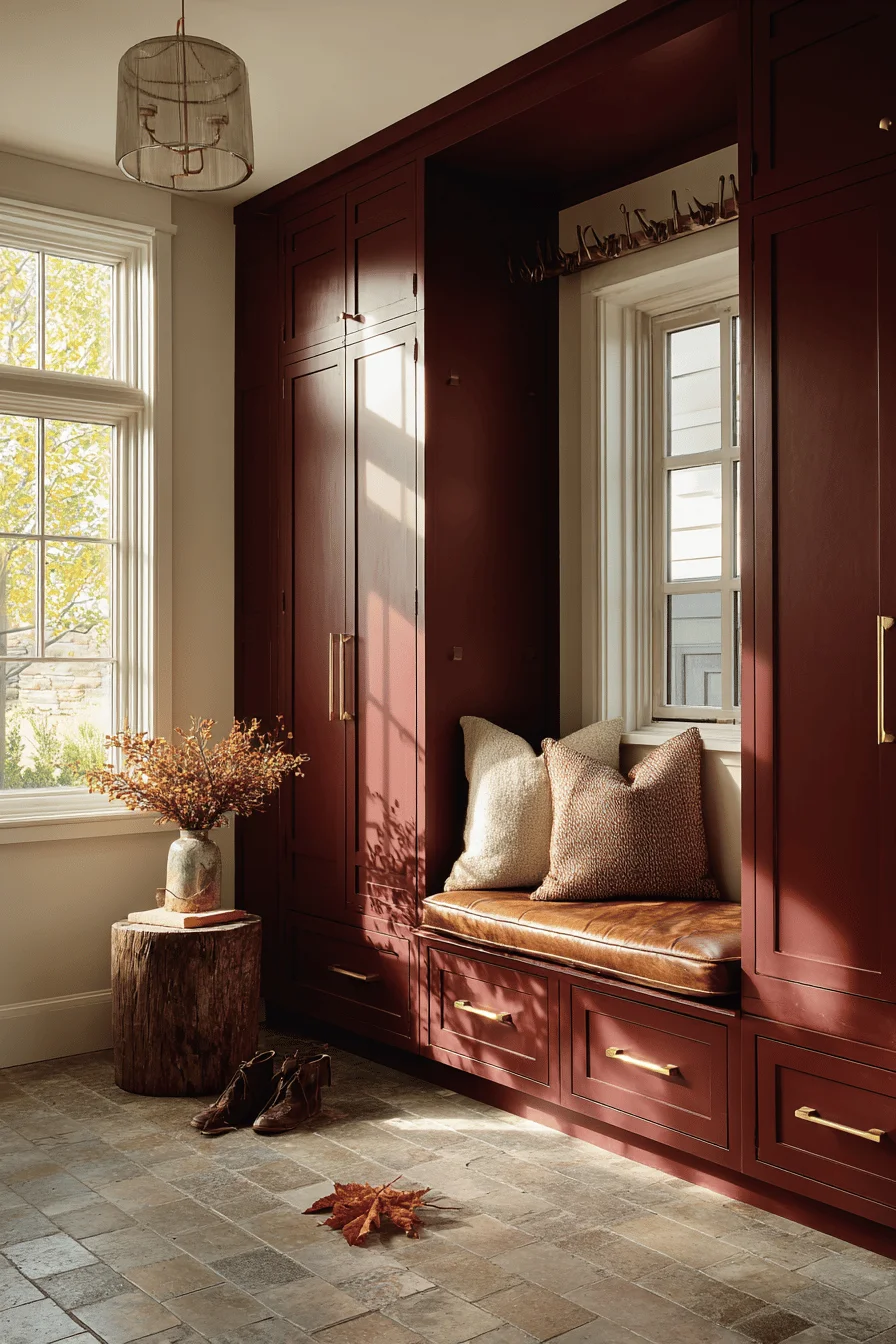 small mudroom aesthetics displaying premium lockers wooden bench seating and cream walls with autumn leaves