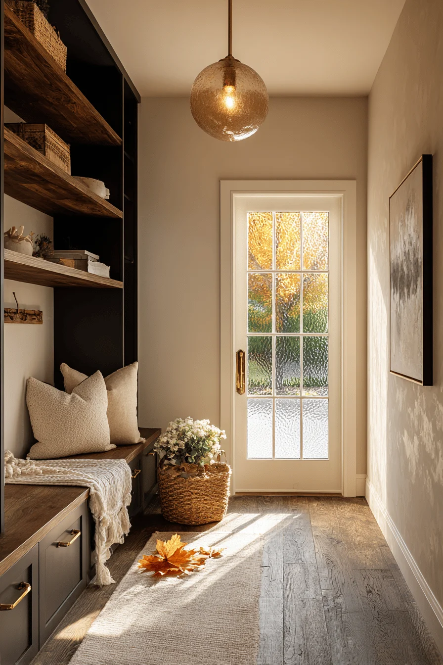 small mudroom ideas featuring amber pendant light and charcoal bench with autumn decor