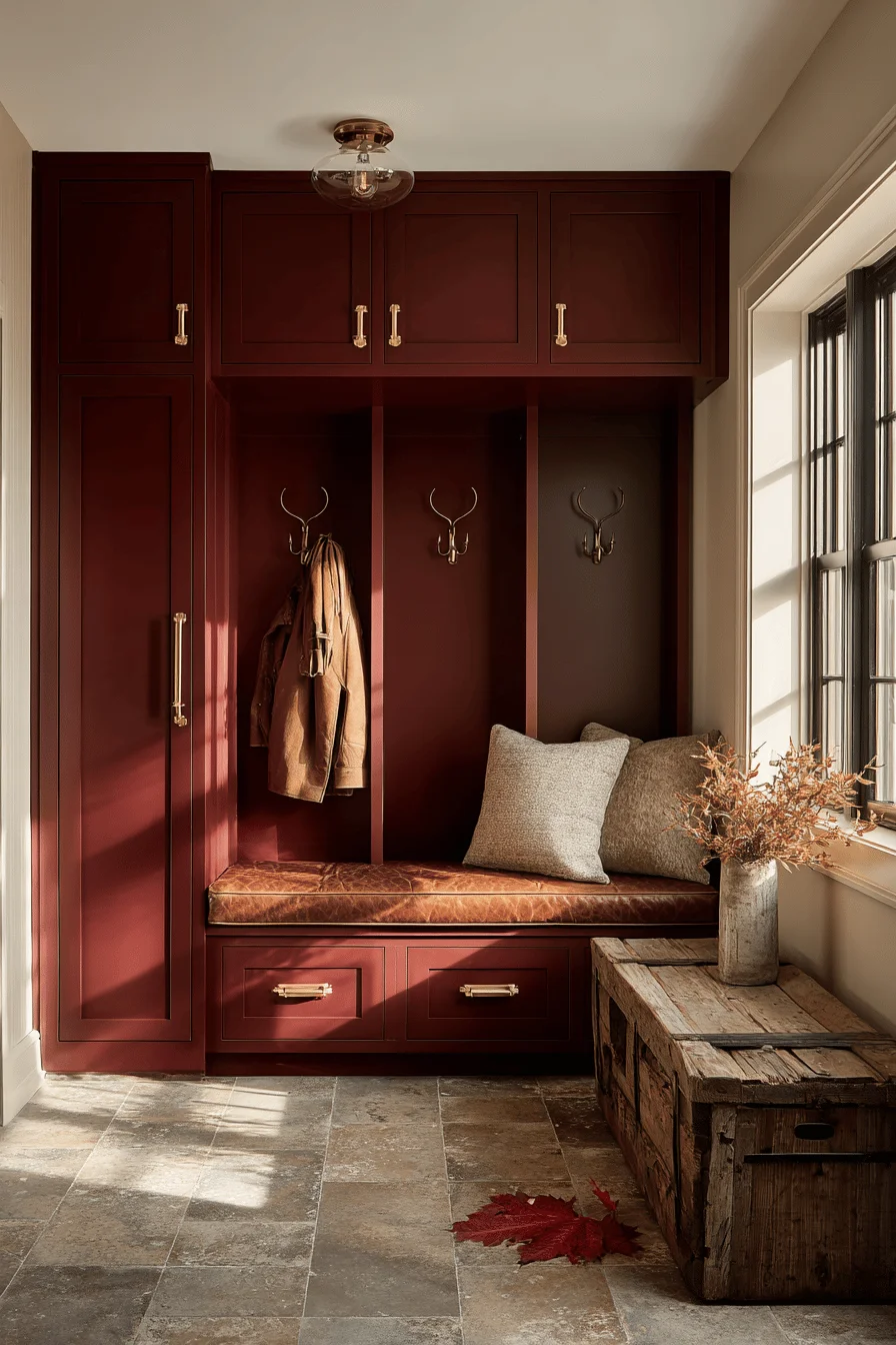 small mudroom ideas featuring burgundy lockers brass hooks and reclaimed wood bench with golden lighting