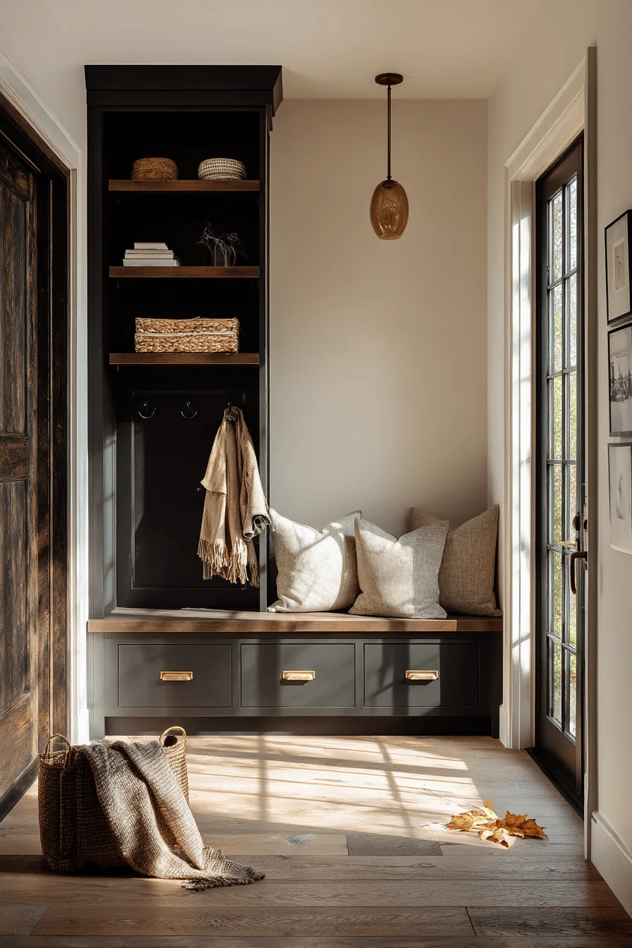 small mudroom inspiration with cream shiplap walls and golden sunlight through frosted glass door