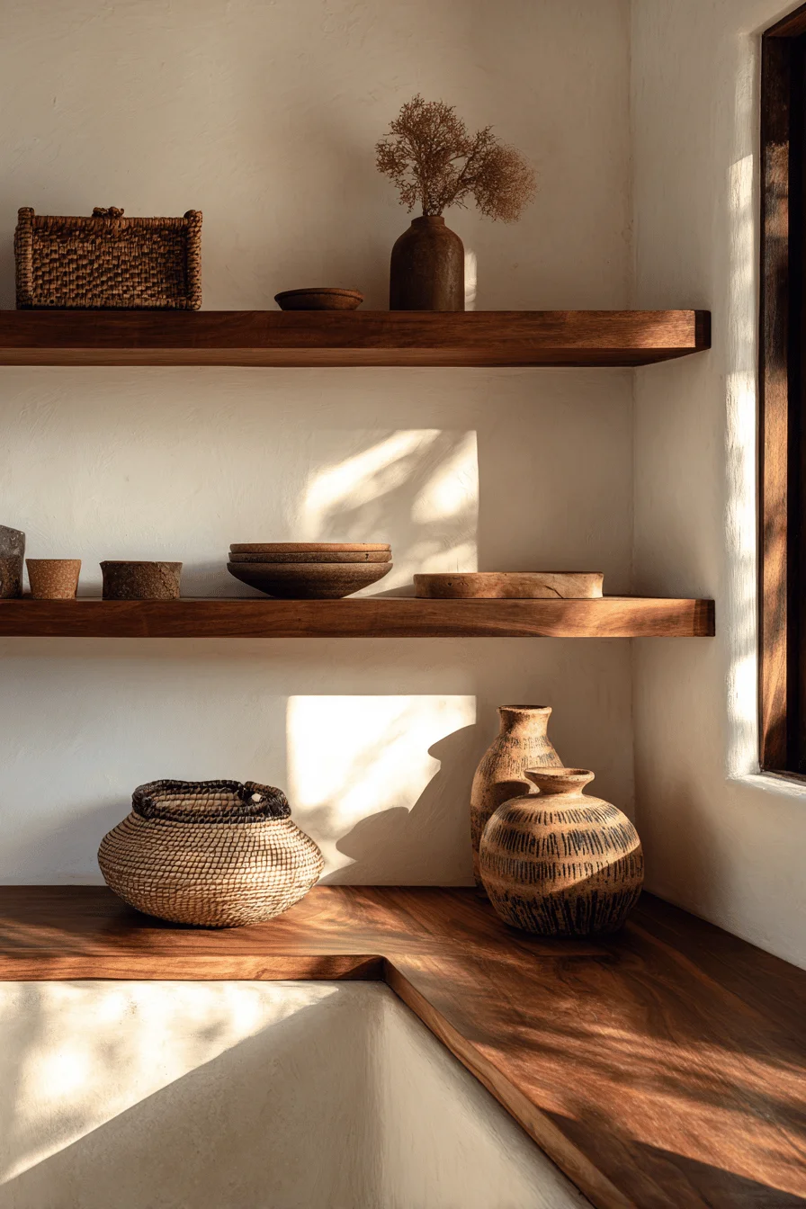 spanish style kitchen ideas featuring open wood shelving and limestone countertops in mexican hacienda design