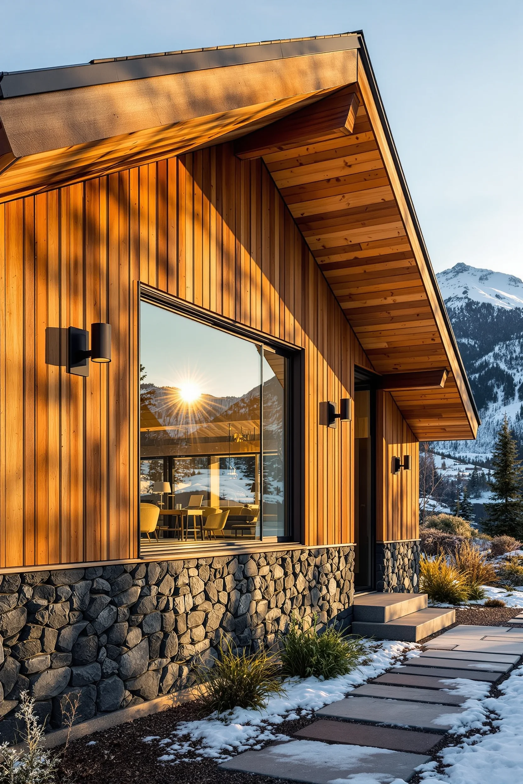 alpine home exterior aesthetics featuring natural timber and stone pathway leading to entrance