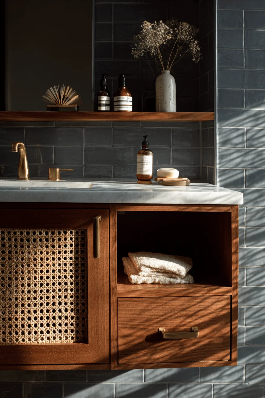 bathroom bungalow aesthetics highlighting teak wood vanity cabinet with deep storage compartments