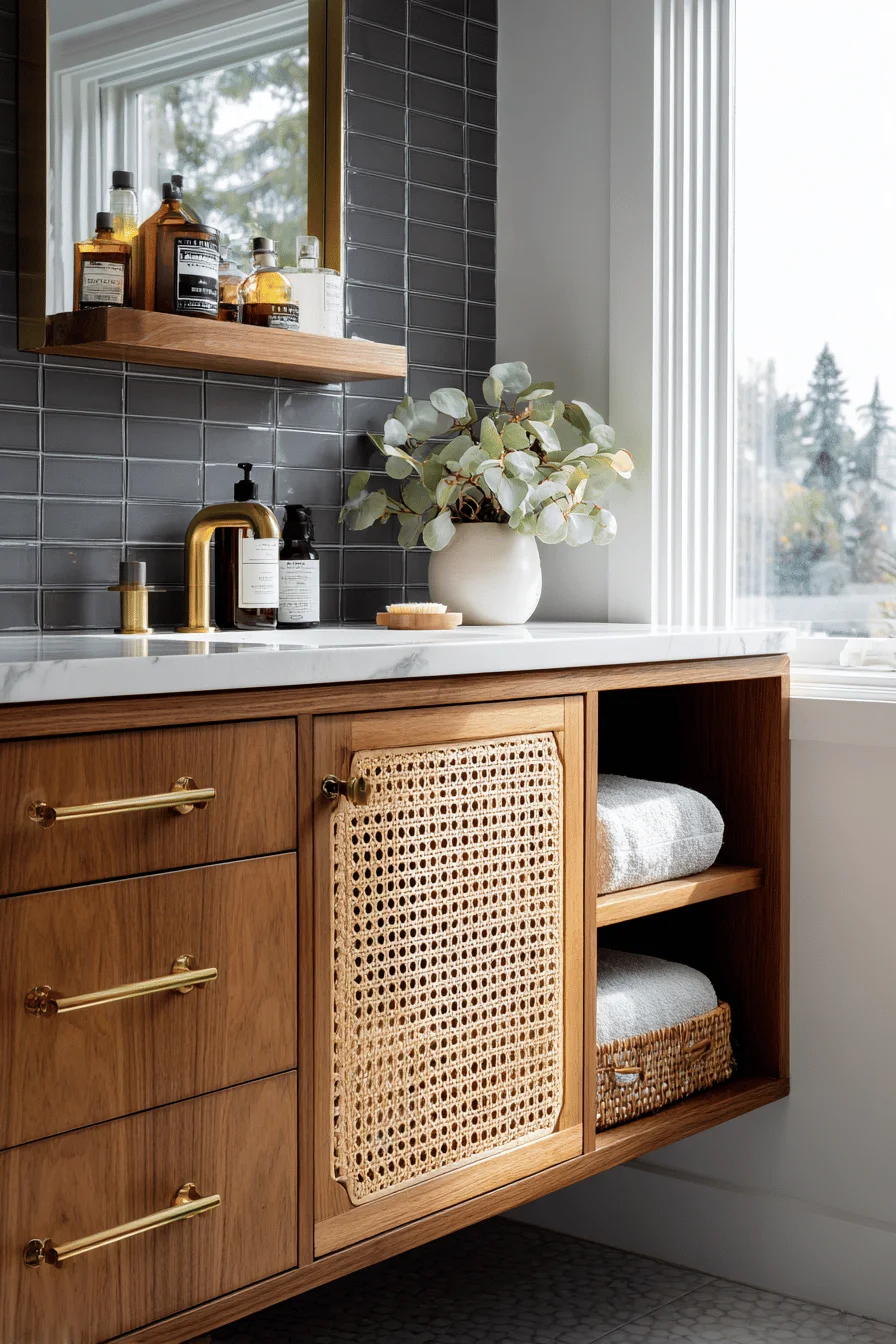 bathroom bungalow designs showing built in storage drawer with brass hardware and natural lighting