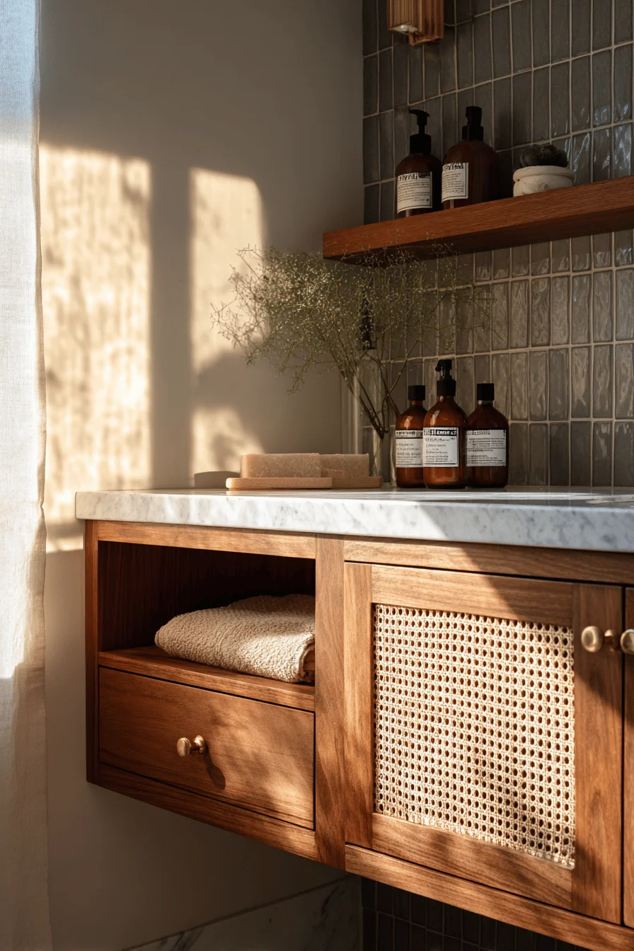 bathroom bungalow ideas featuring mid century vanity with cane webbing and marble countertop