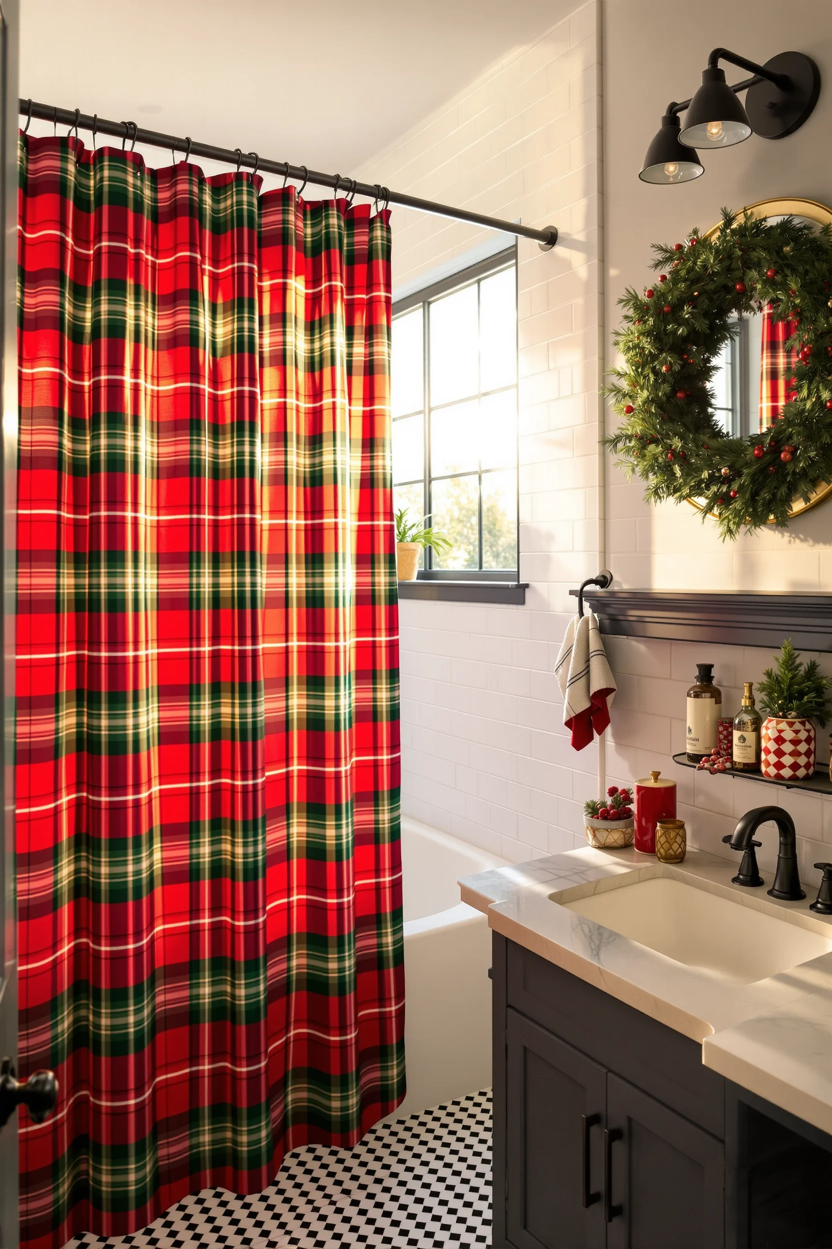 bathroom christmas decor aesthetics displaying modern holiday style with traditional red green color scheme