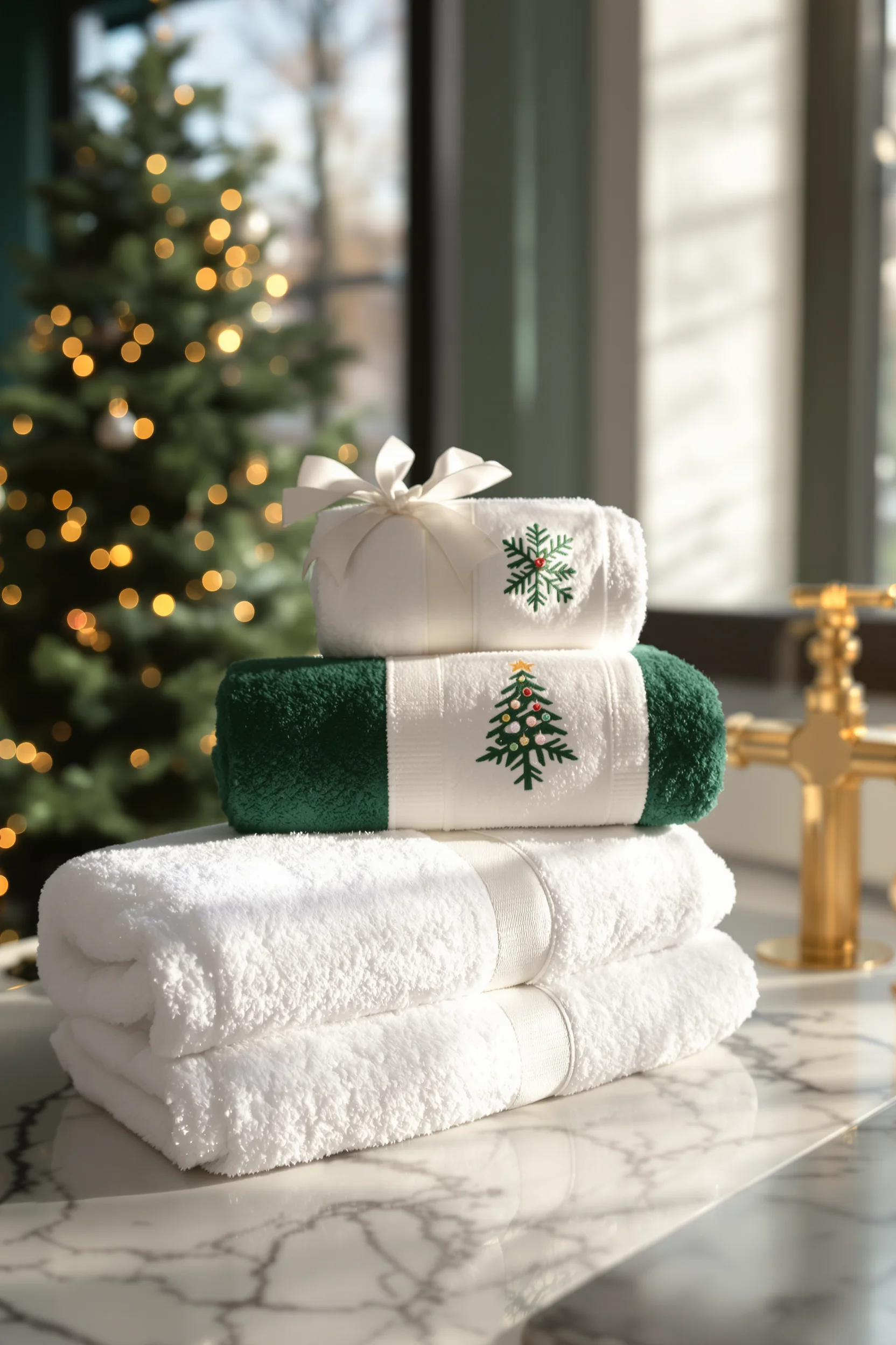 bathroom christmas decor designs showing white towels with green accents in modern holiday bathroom setting