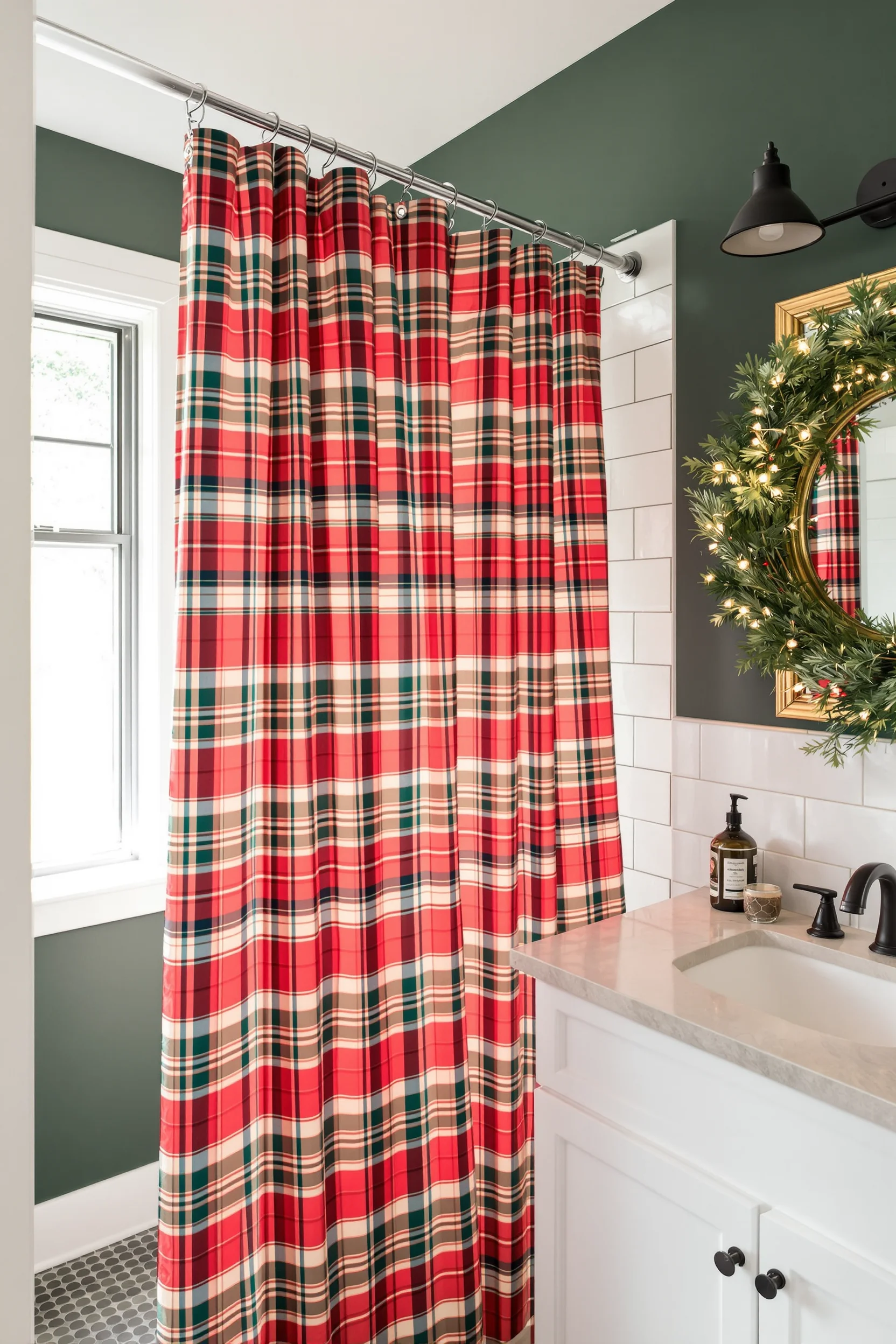 bathroom christmas decor ideas featuring red plaid shower curtain with white subway tiles and evergreen wreath