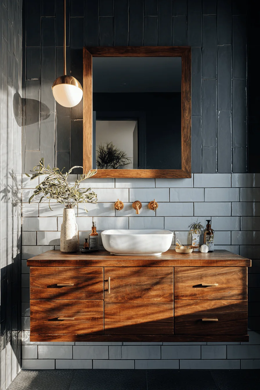 beach bungalow bathroom aesthetics displaying waterfall faucet and professional camera shallow depth lighting