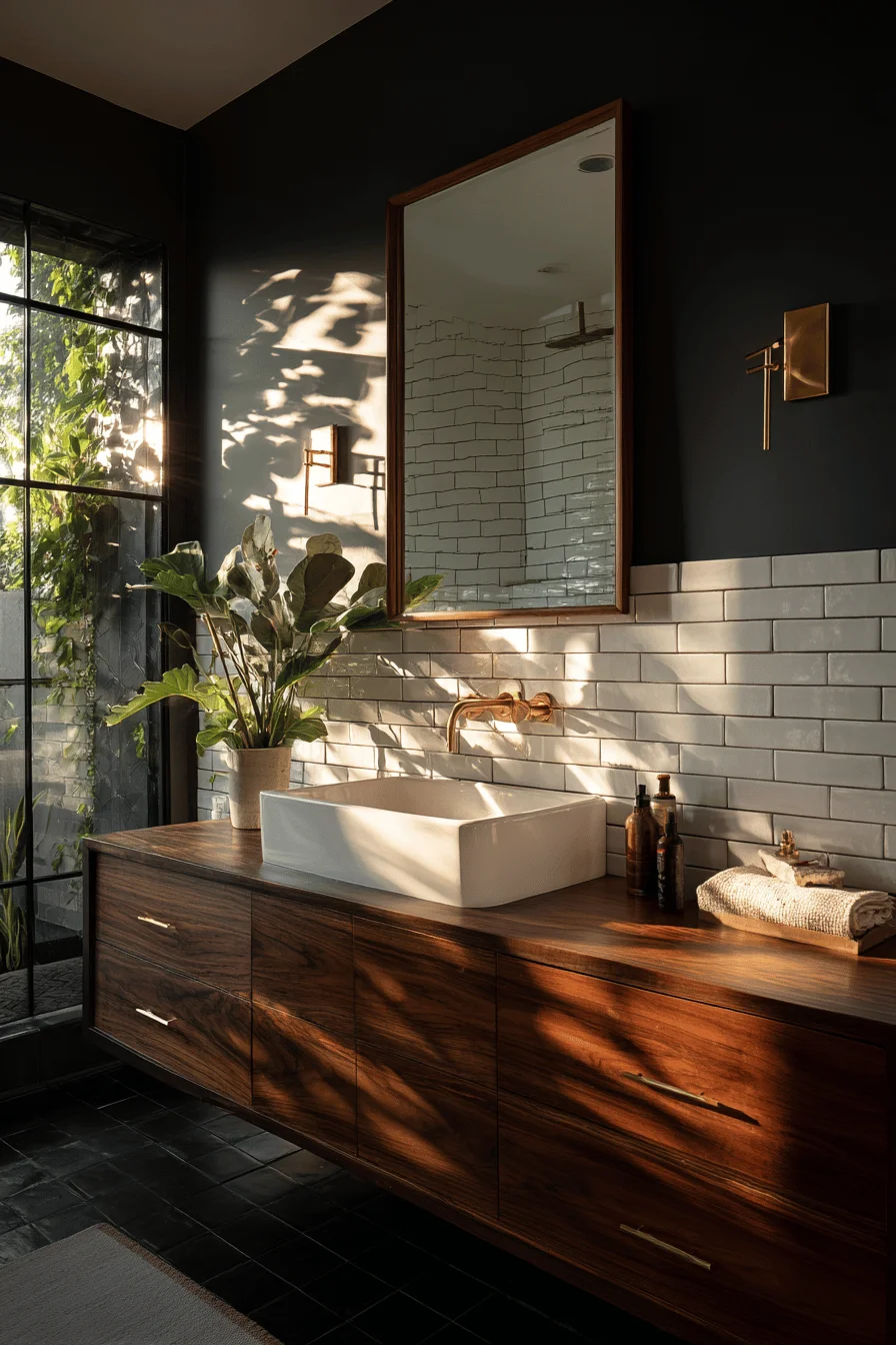 beach bungalow bathroom inspiration with charcoal accent wall contrasting crisp white tile backsplash