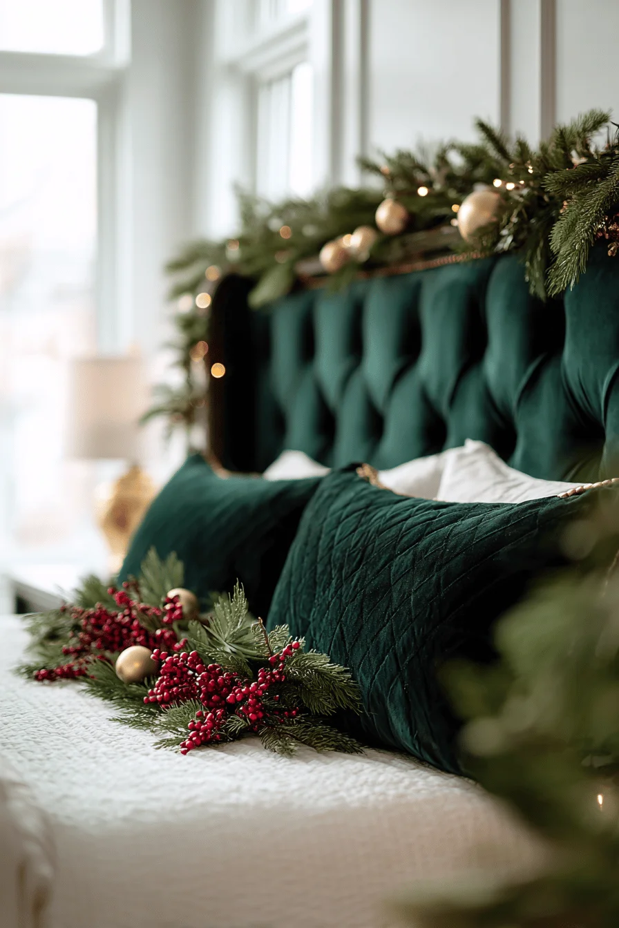 bedroom christmas decor aesthetics featuring professional styled garland with warm lighting and festive ornament details
